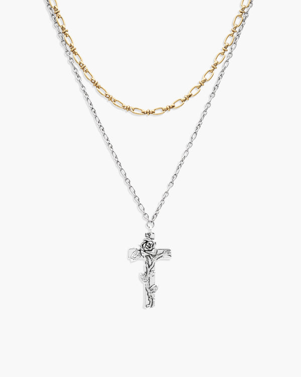 Wild Rose Layered Cross Necklace in Two-Tone