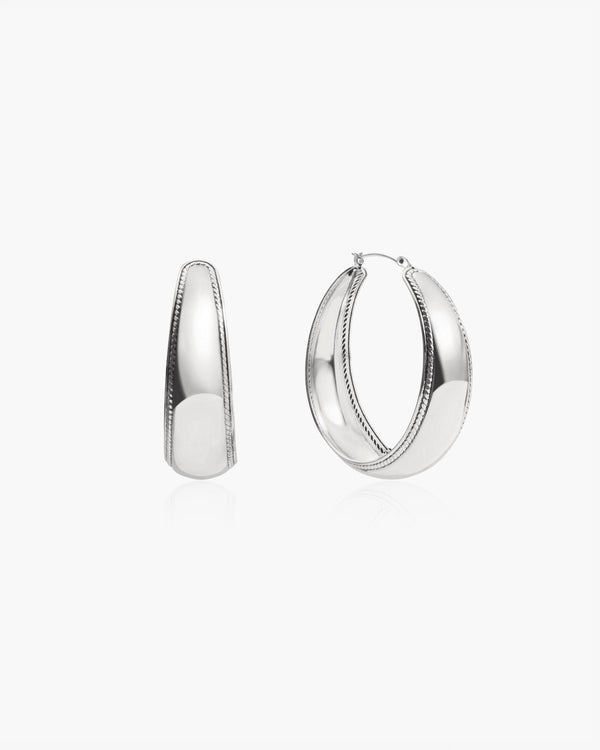 Orin Large Hoop Earrings in silver with textured trim, 46mm diameter