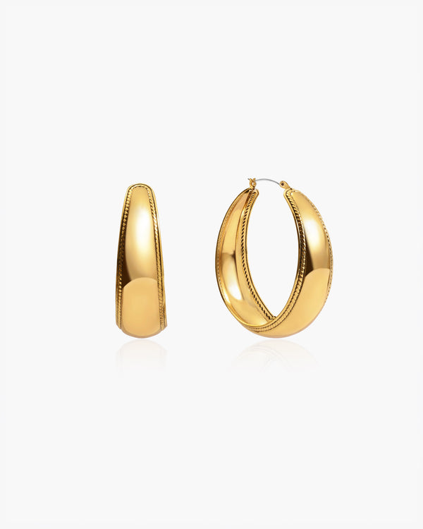 Orin large gold hoop earrings with rope texture trim. 46mm diameter.