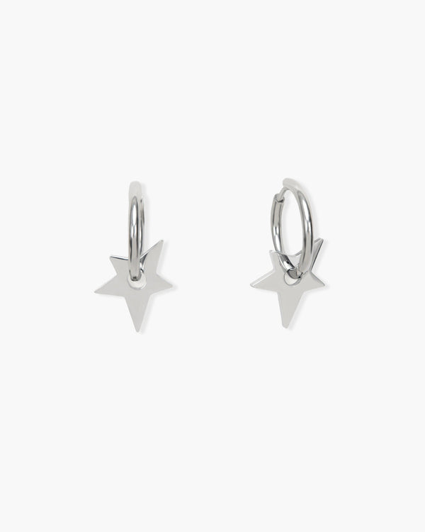 Silver hoop earrings with dangling star charms, 18k gold plated, waterproof.
