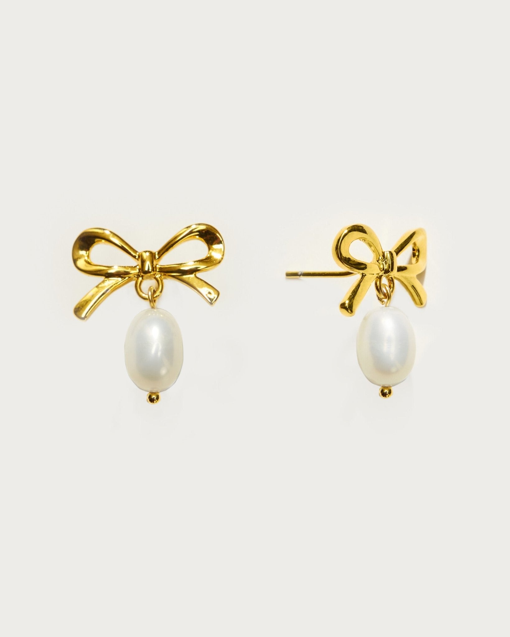 Gold Ribbon Pearl Earrings