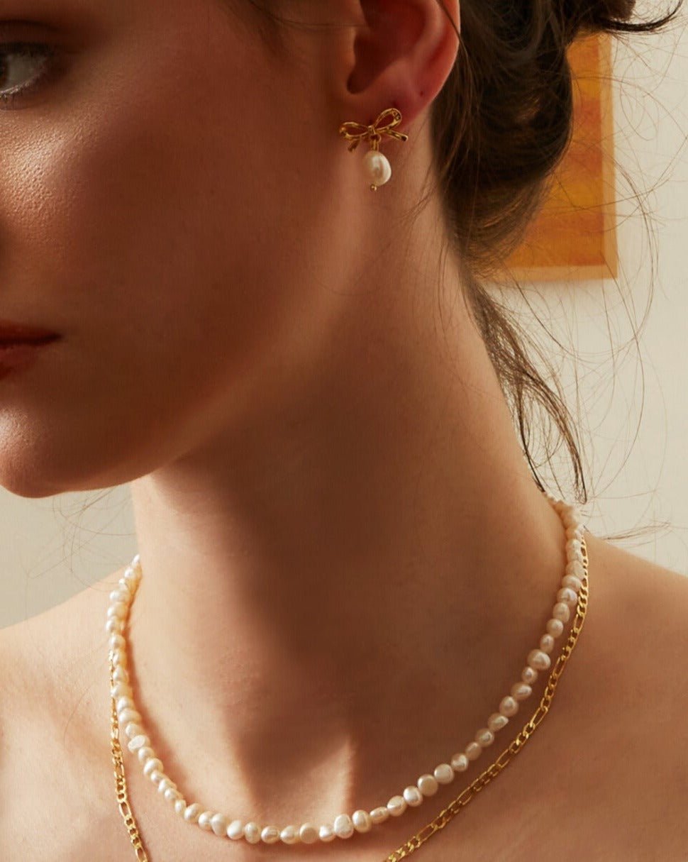 Gold Ribbon Pearl Earrings