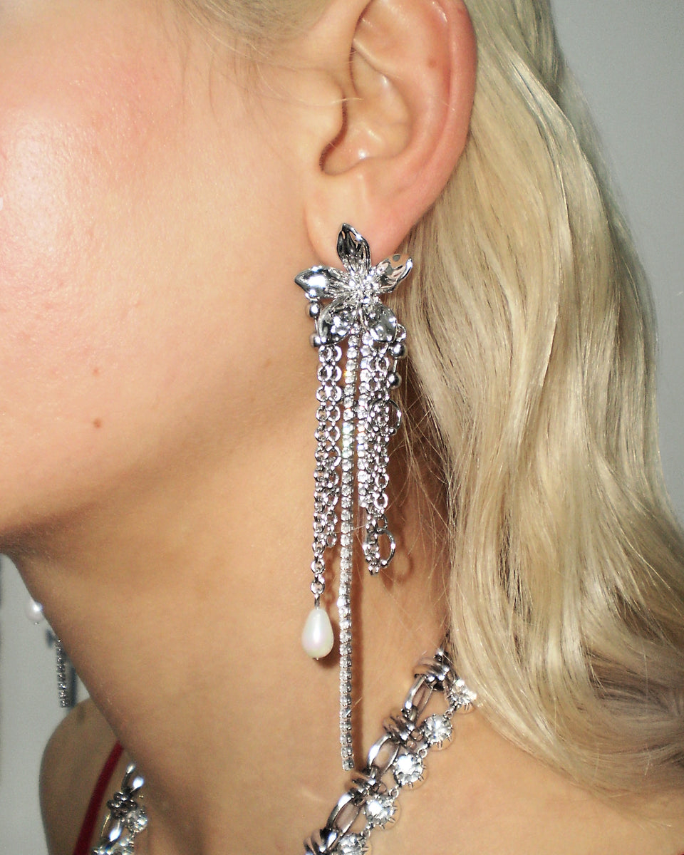 Flora Earrings | Silver Flower Fringe & Pearl Drop | en route jewelry