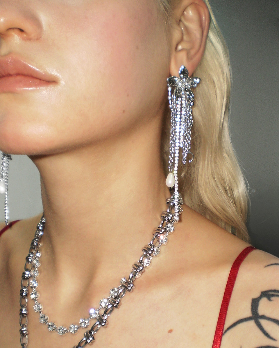 Flora Earrings | Silver Flower Fringe & Pearl Drop | en route jewelry