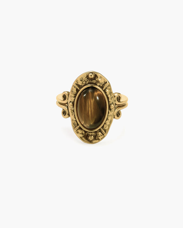 Gold plated brass ring with oval tiger's eye gemstone and ornate details, perfect for a Mosswood Prehnite Ring product page.