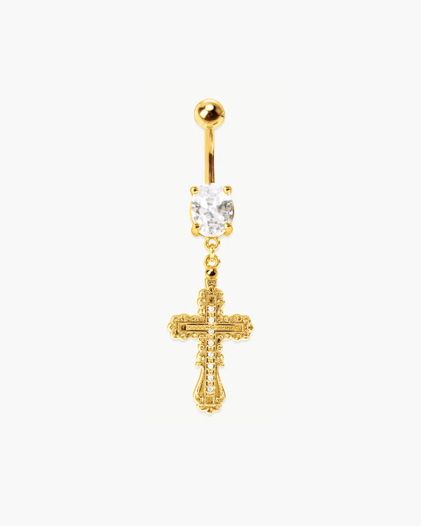 Gold belly ring with ornate cross charm and CZ stones. 18k gold plated brass, surgical steel.