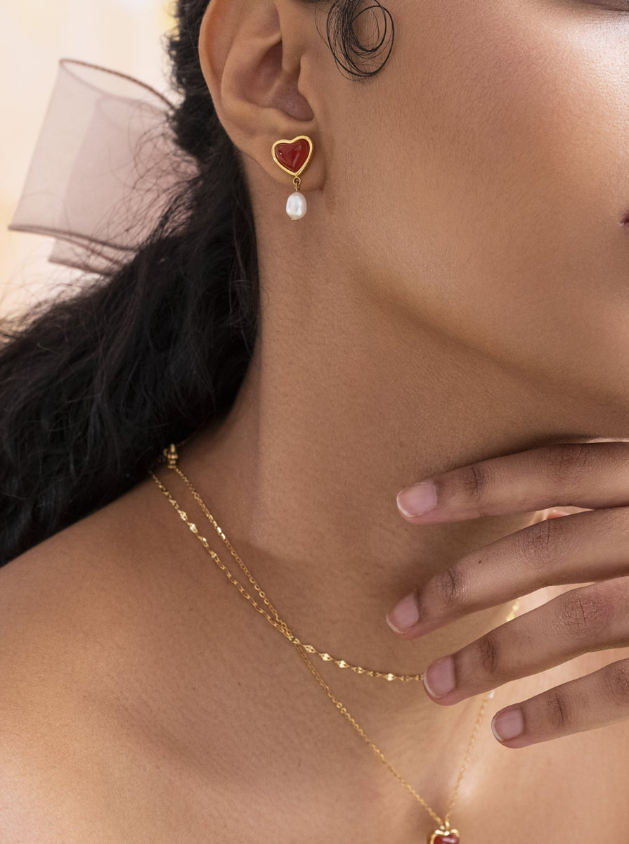 Carnelian Stone Pearl Earrings | En Route Jewelry