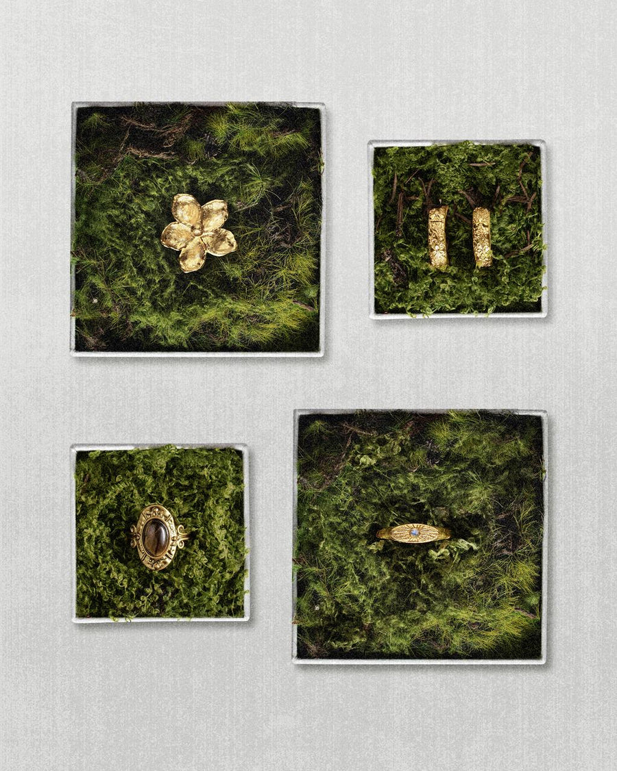 Four beautifully crafted gold jewelry pieces, including textured rings, hoop earrings, and a flower design, displayed elegantly on square beds of green moss highlighting nature-inspired aesthetics.