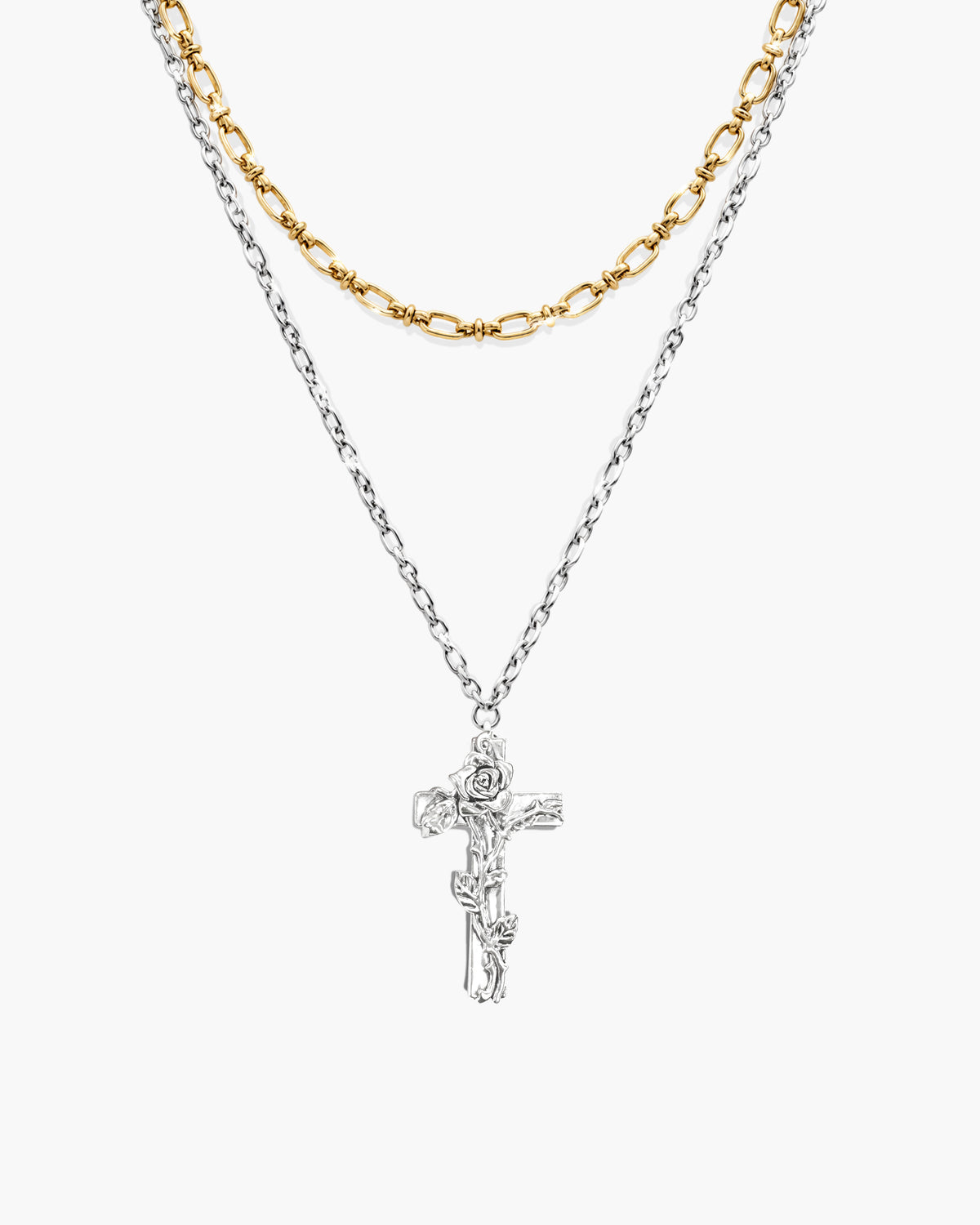 Wild Rose Layered Cross Necklace in Two-Tone - en route jewelry