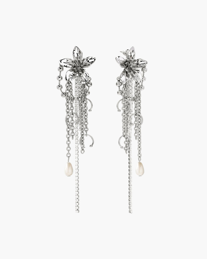 ［Flora］flower bouquet pearl shower earr Flora Earrings | Silver Flower Fringe & Pearl Drop | en route jewelry