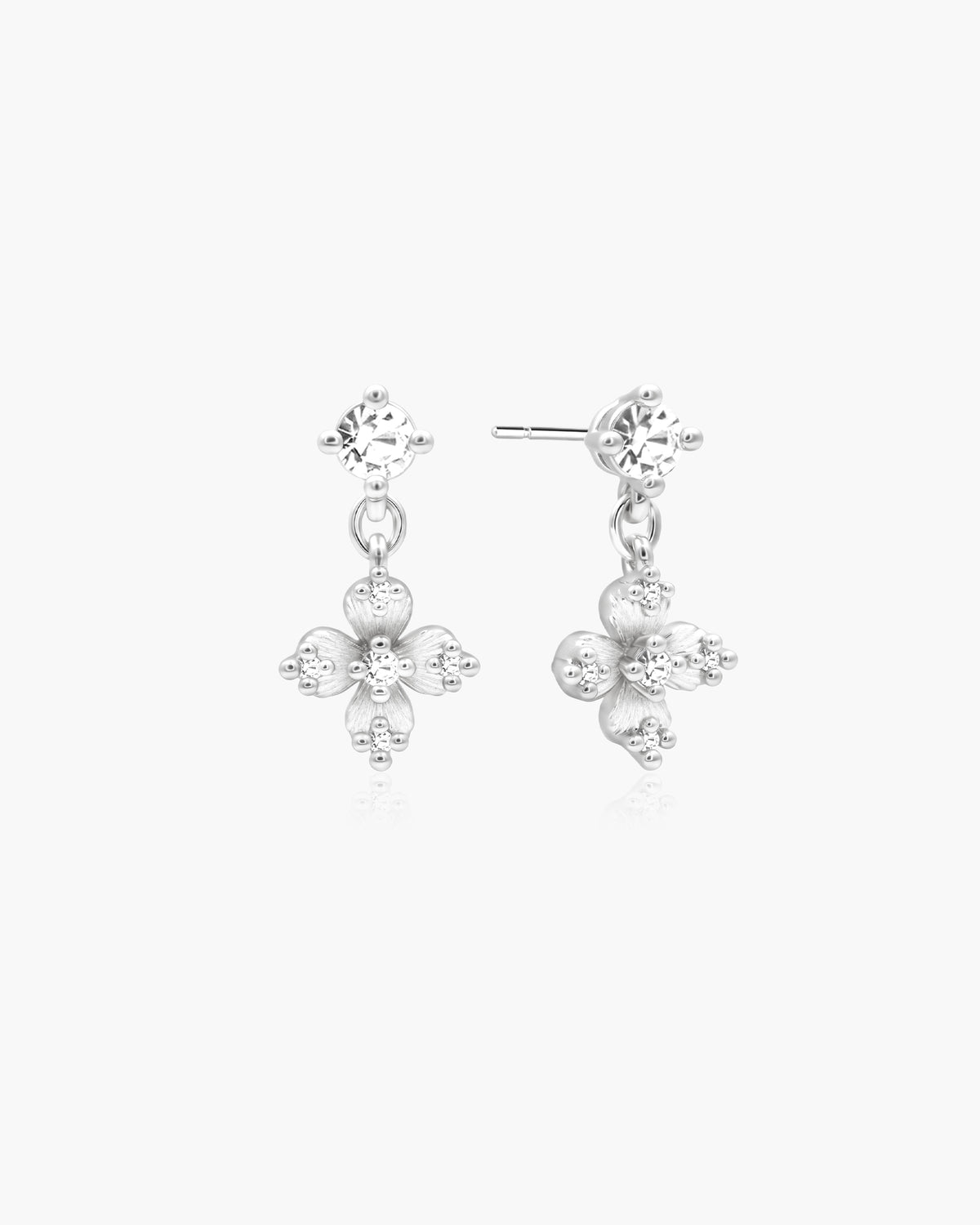 Lucky Clover Brushed Drop Earrings in Silver