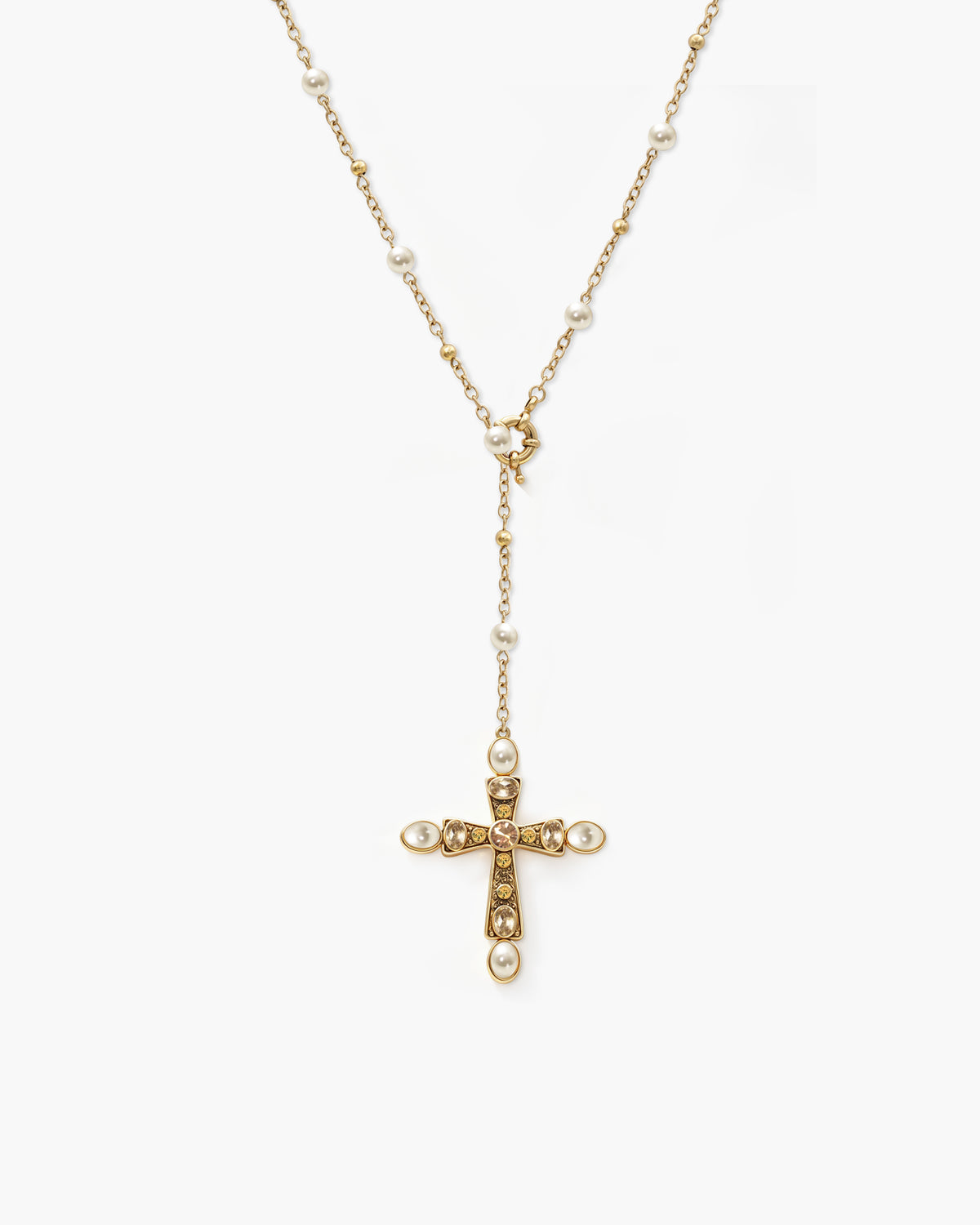 Rosalia Pearl Cross Lariat Necklace - en route jewelry