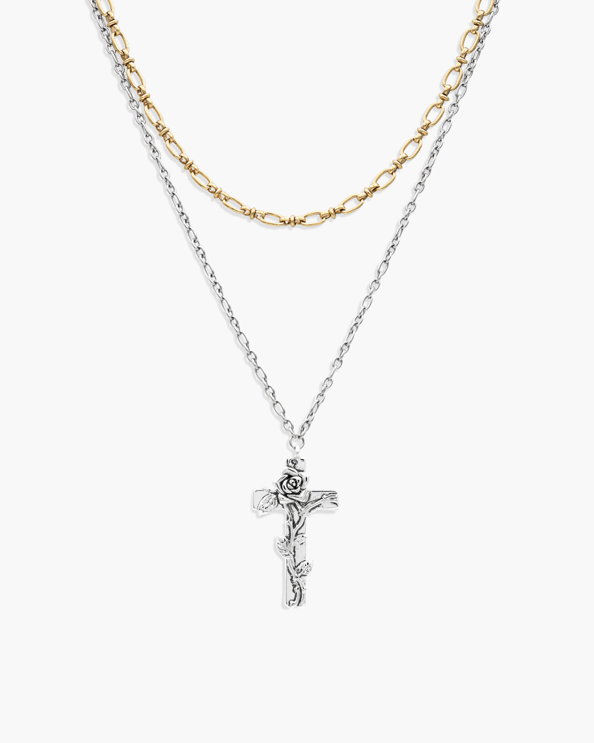 Wild Rose Layered Cross Necklace in Two-Tone - en route jewelry