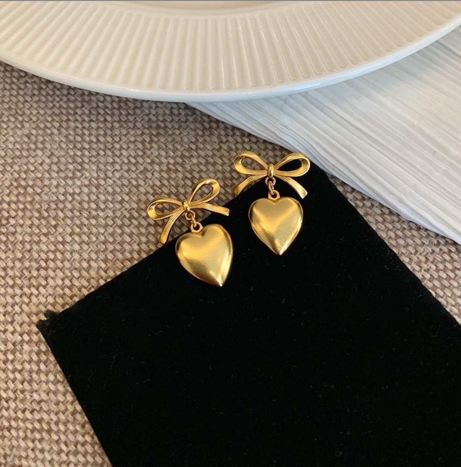 Gold Ribbon Heart Earrings