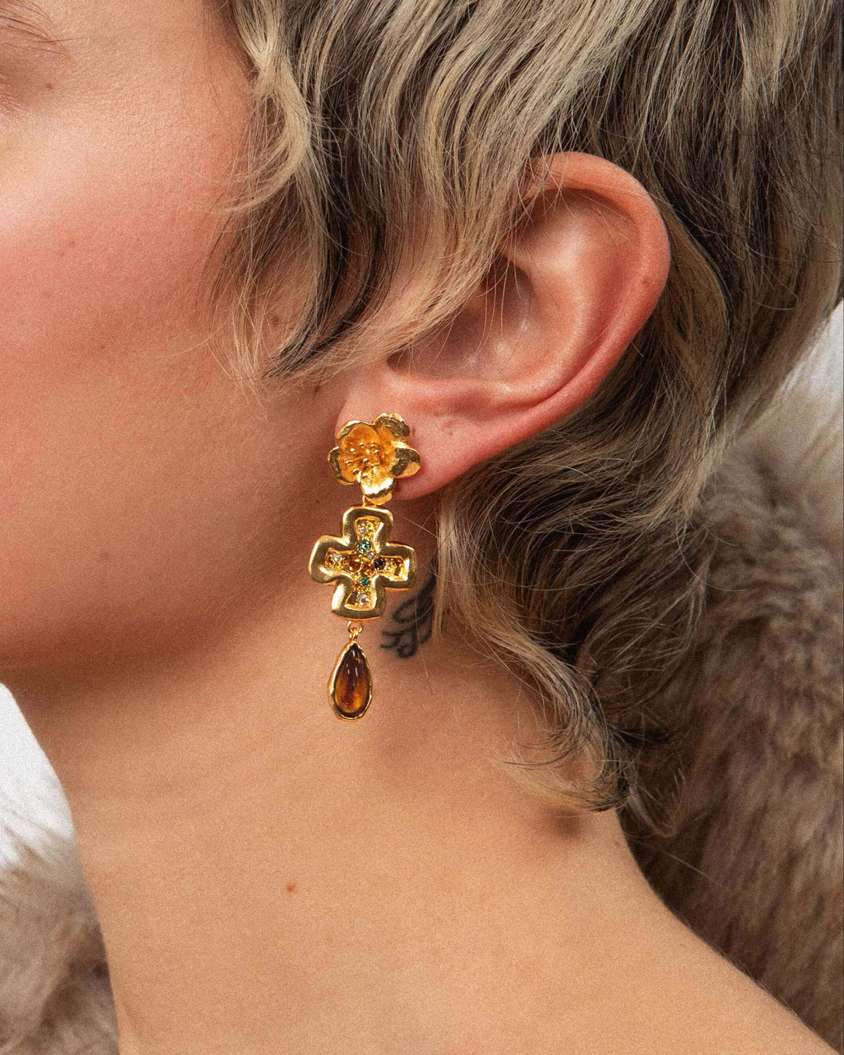 Amber Dew Floral Cross Earrings