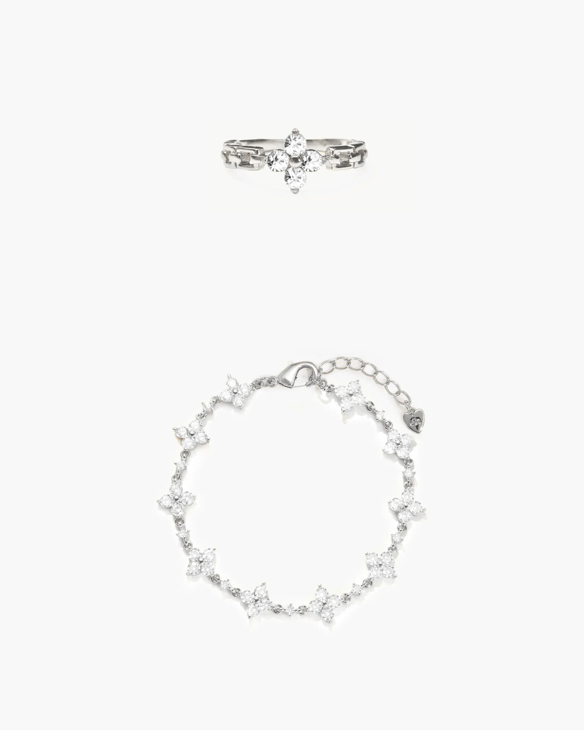 Sparkle Clover Bracelet and Ring Set in Silver