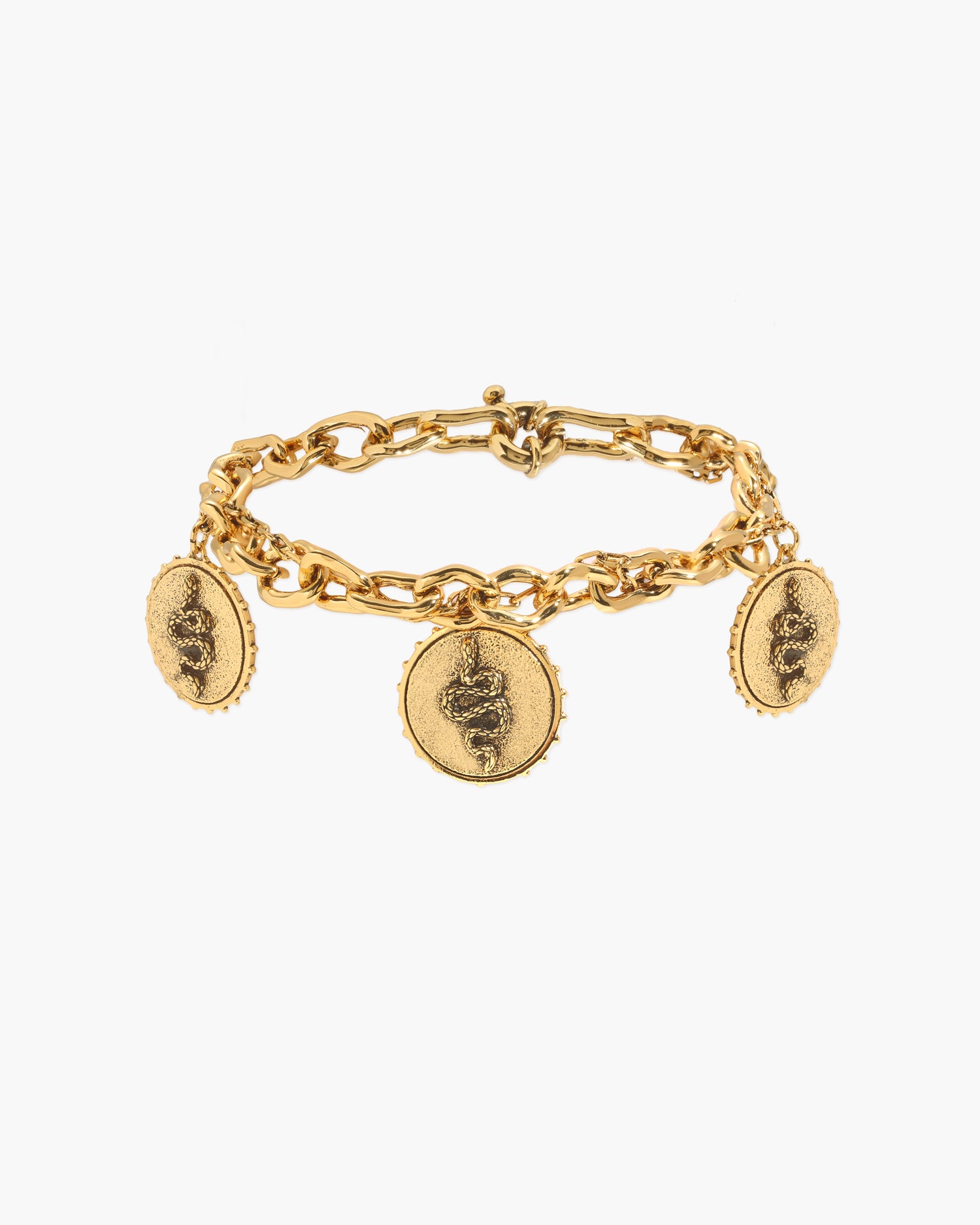 Pulsera de Doble Cadena con Moneda de Serpiente Trinity en Oro