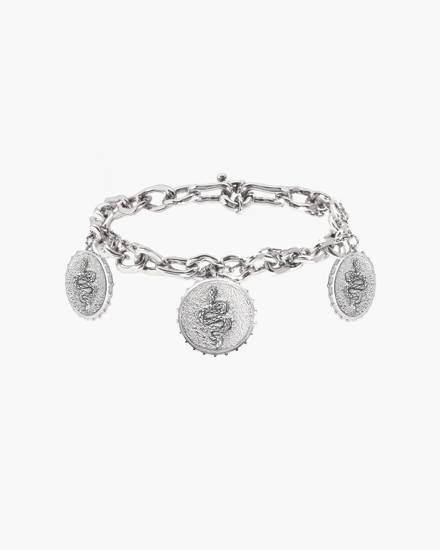 Pulsera de Doble Cadena con Moneda de Serpiente Trinity en Plata