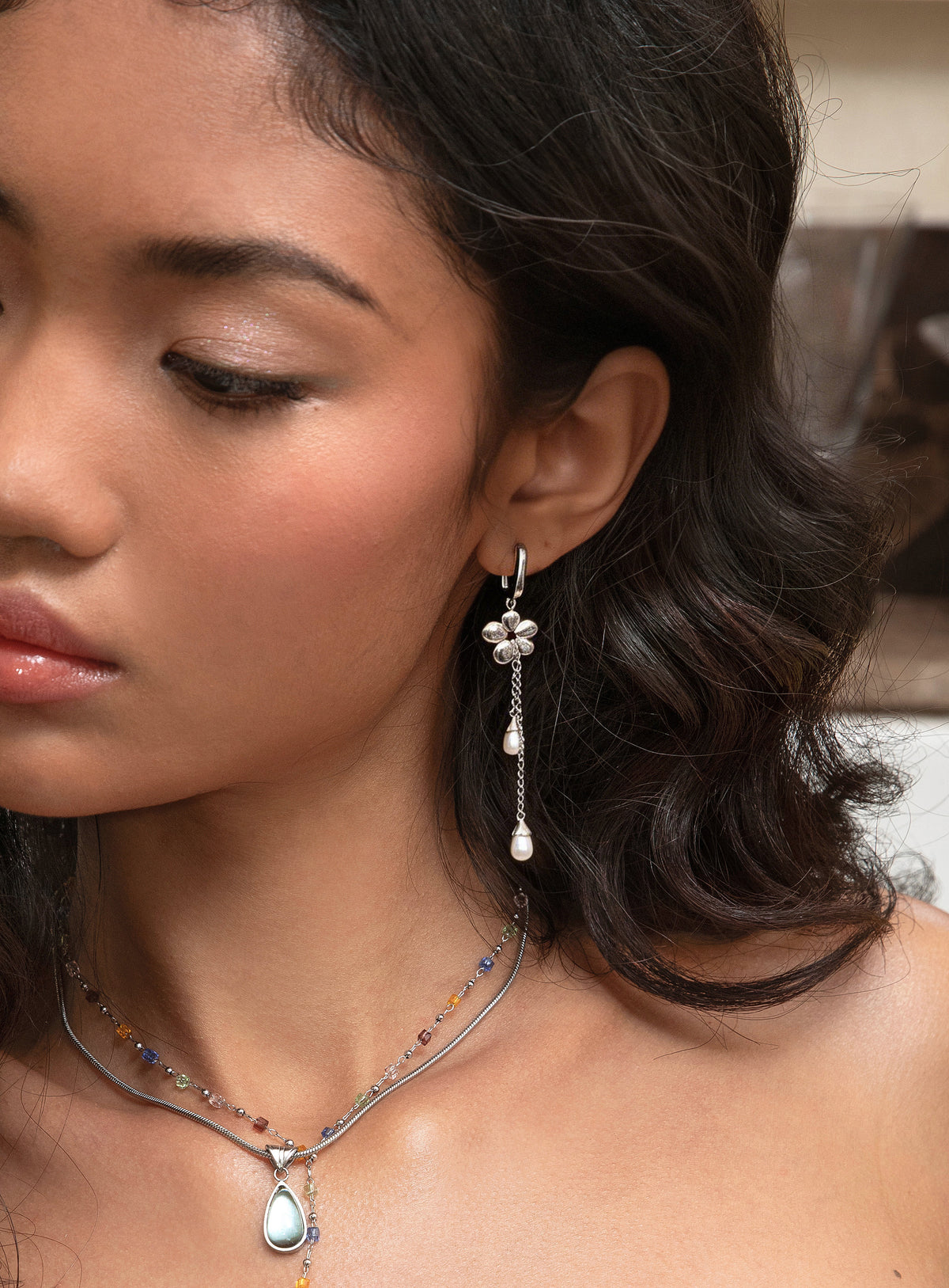 Camille Flower Drop Earrings in Silver