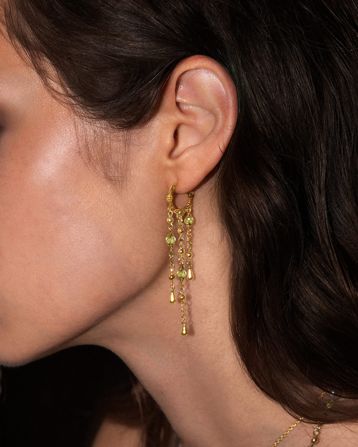 Olive Peridot Tassel Drop Earrings in Gold