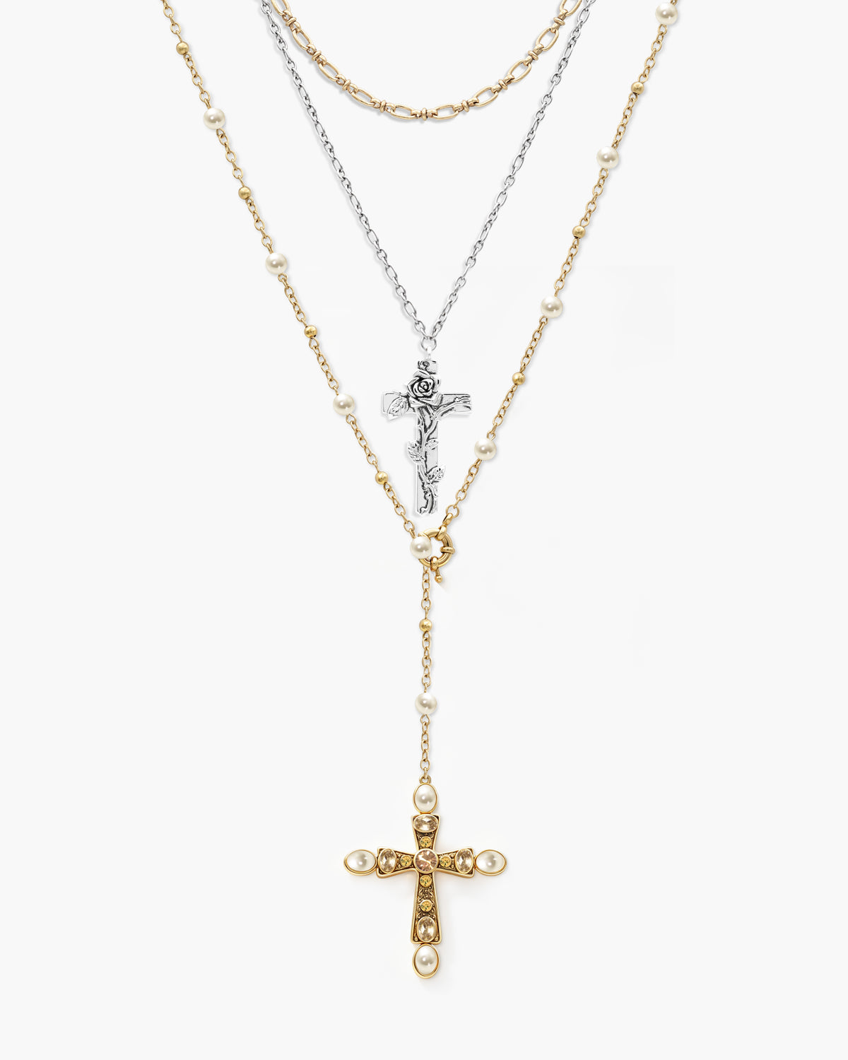 Rosalia Pearl Cross Lariat Necklace
