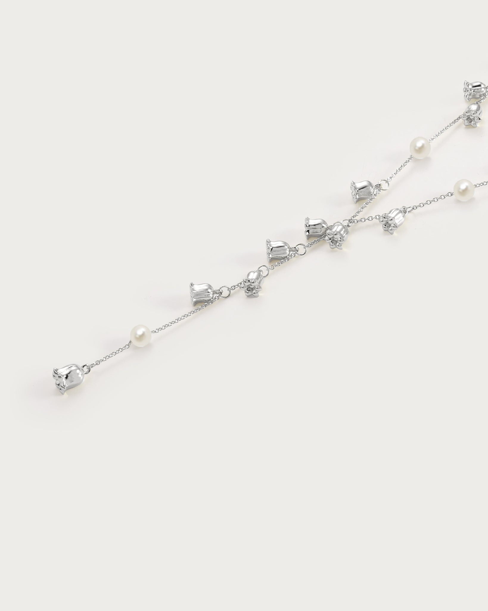 Lily of the Valley Pearl Lariat Necklace in Silver