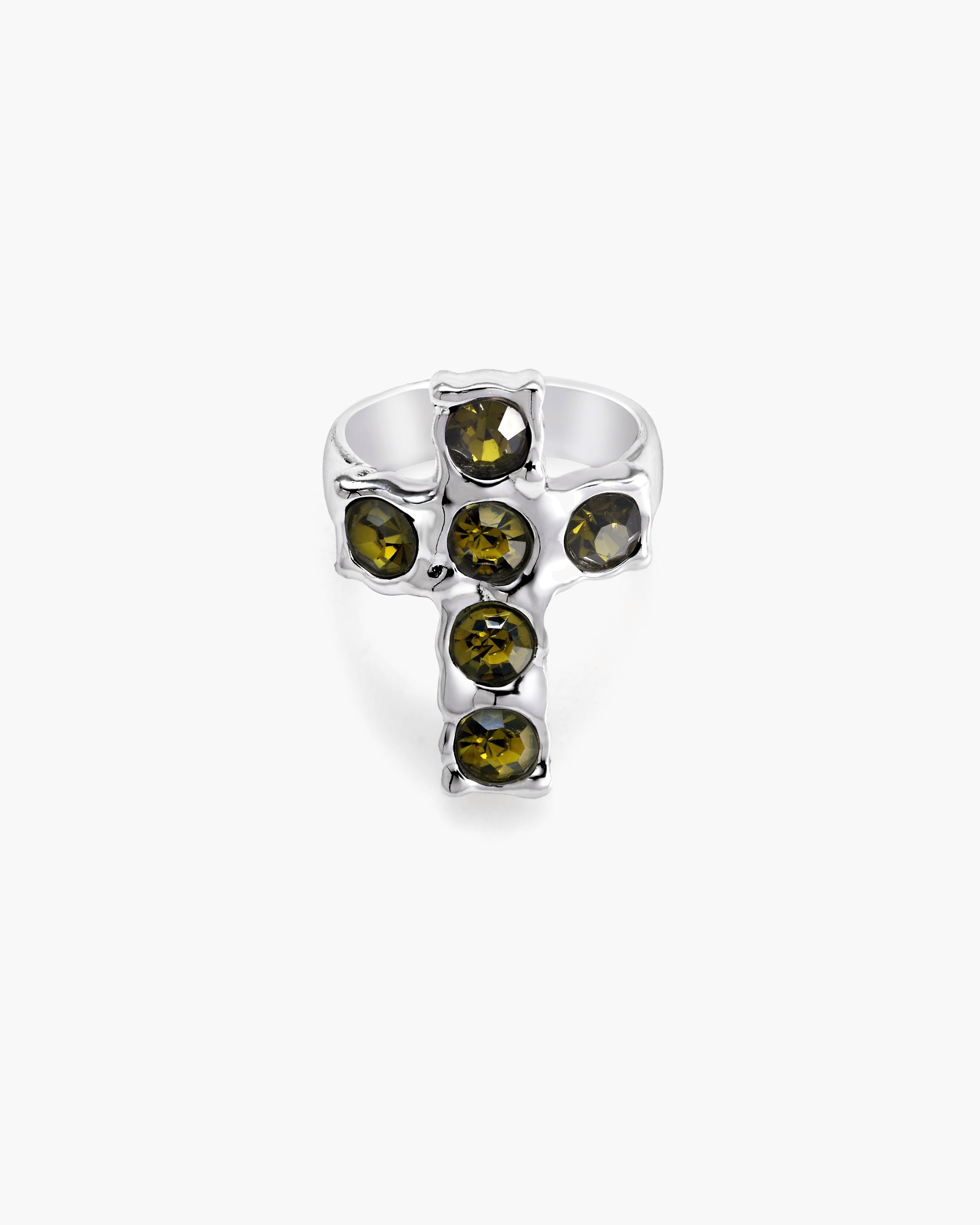 Rabel Rind Rebel Cross Ring | Textured Silver & Green Stones | en route jewelry