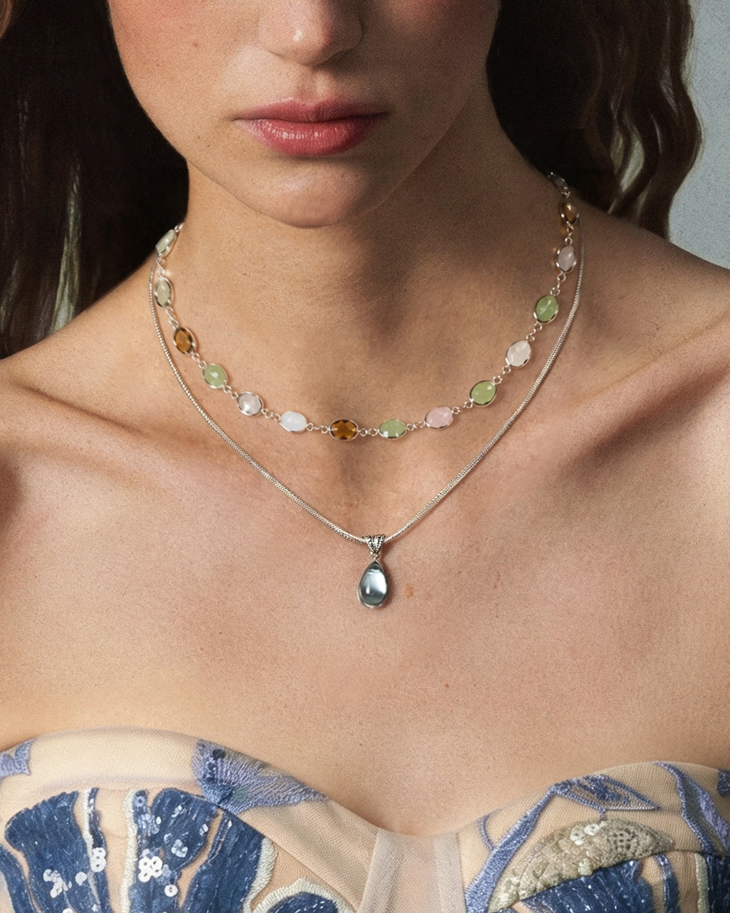 Waterdrop & Whimsical Romance Stone Necklace Set in Silver - En Route Jewelry