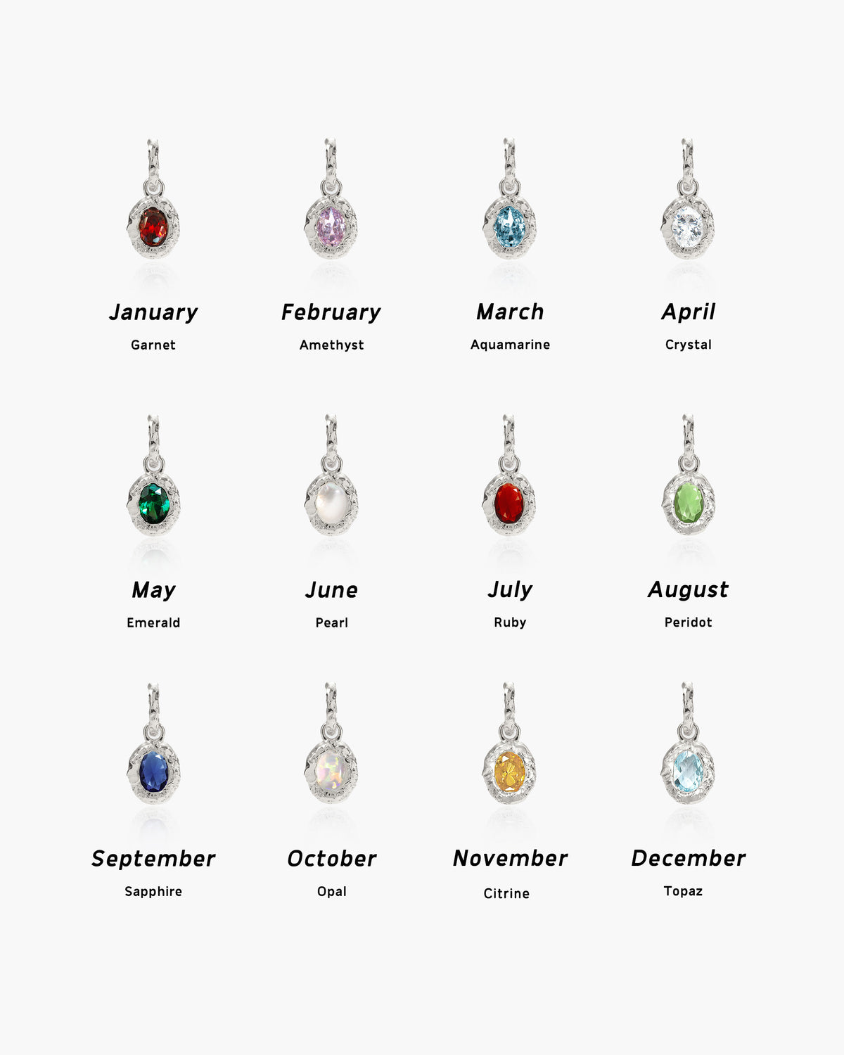 Silver birthstone charms: Garnet, Amethyst, Aquamarine, Crystal, Emerald, Pearl, Ruby, Peridot, Sapphire, Opal, Citrine, Topaz.