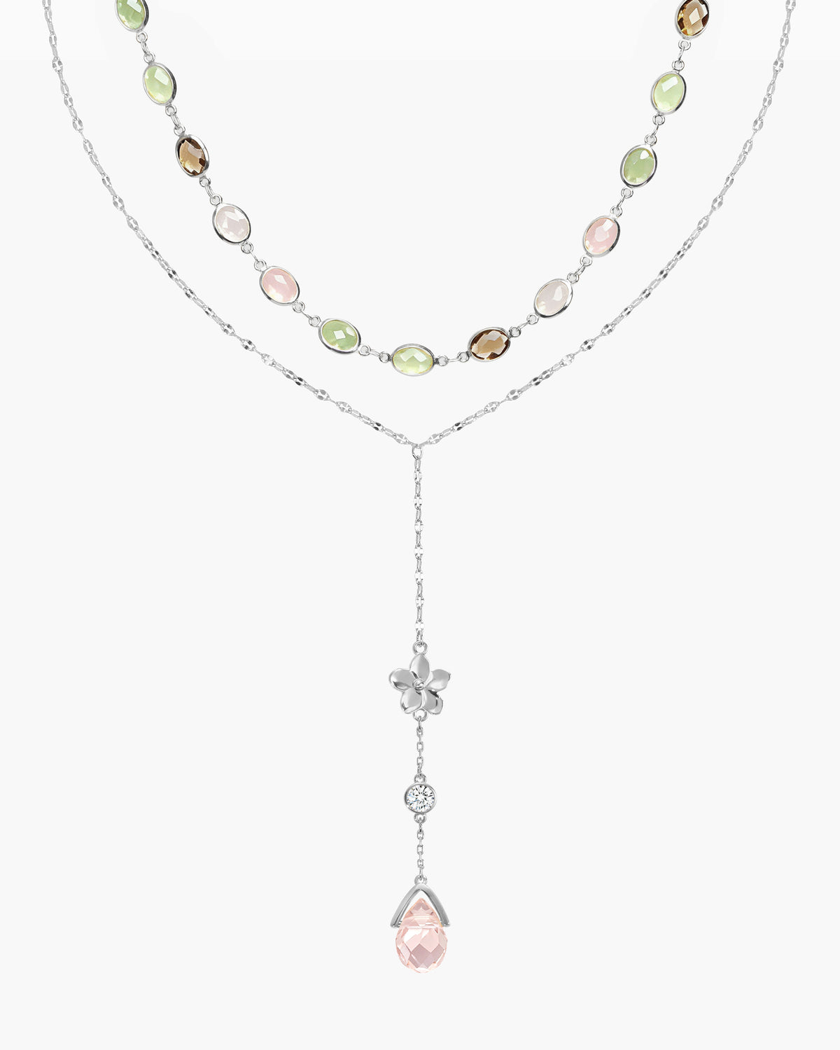 Verspieltes Romantik- & Blüten-Lariat-Halsketten-Set in Silber