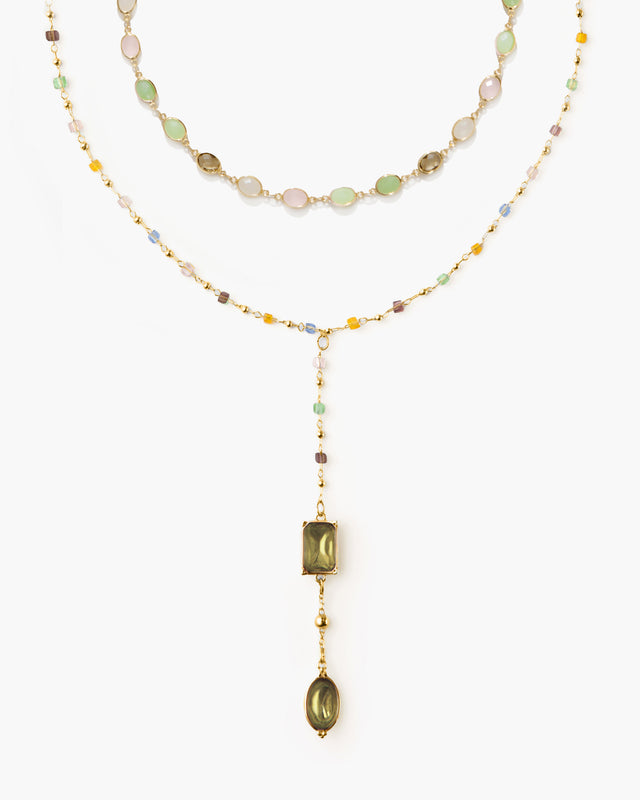 Gold Celestial Romance Necklace Set with pastel oval gems and colorful beaded lariat.