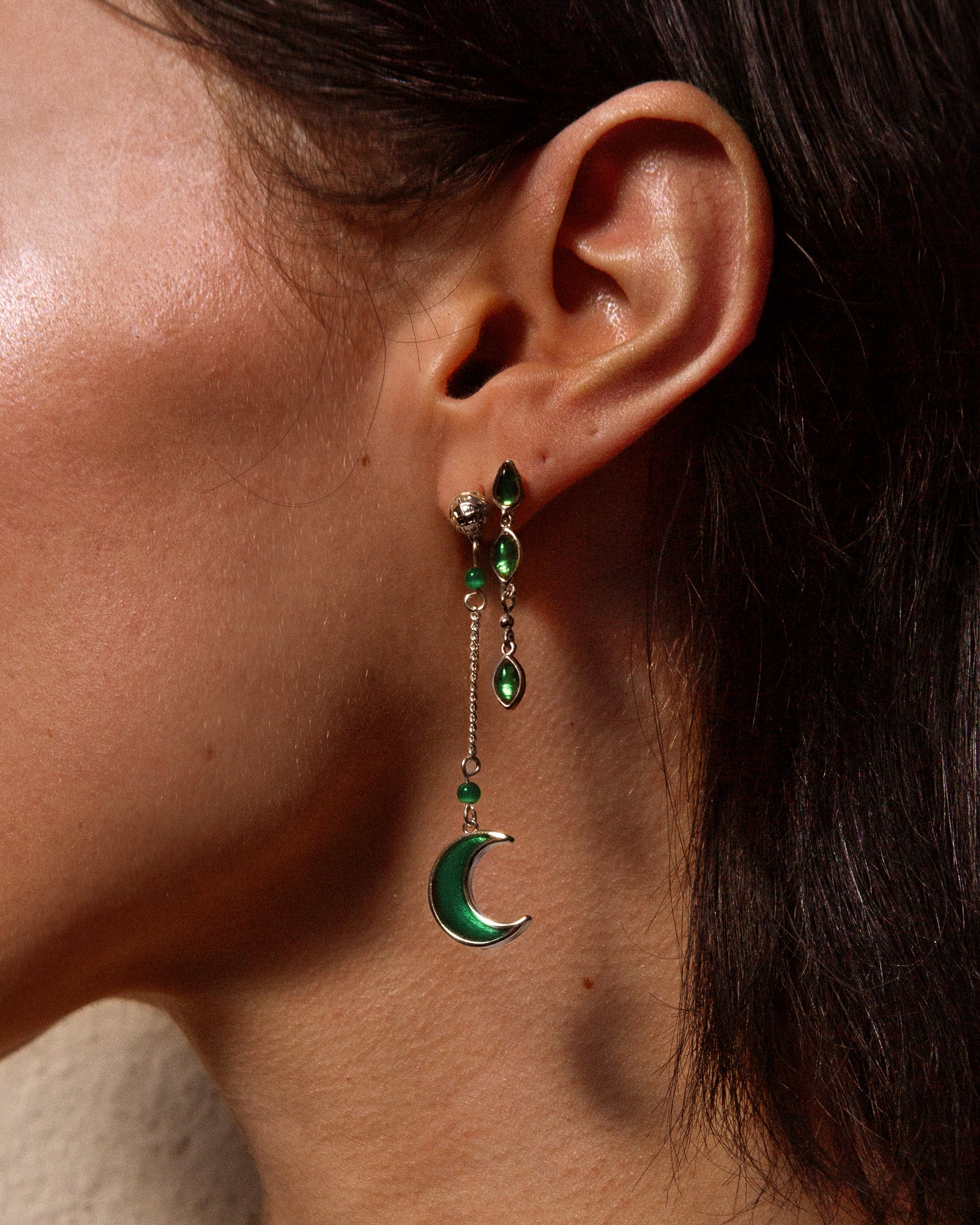 Boucles d'oreilles pendantes étoile et lune en argent