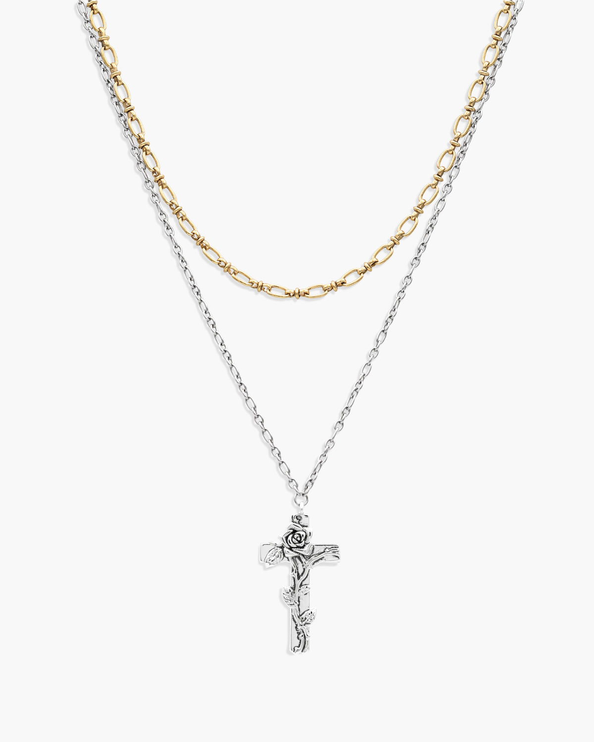 Wild Rose Layered Cross Necklace in Two-Tone - en route jewelry