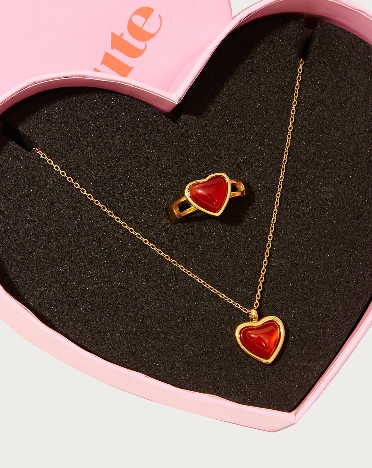 Carnelian Heart Necklace & Ring Set - En Route Jewelry