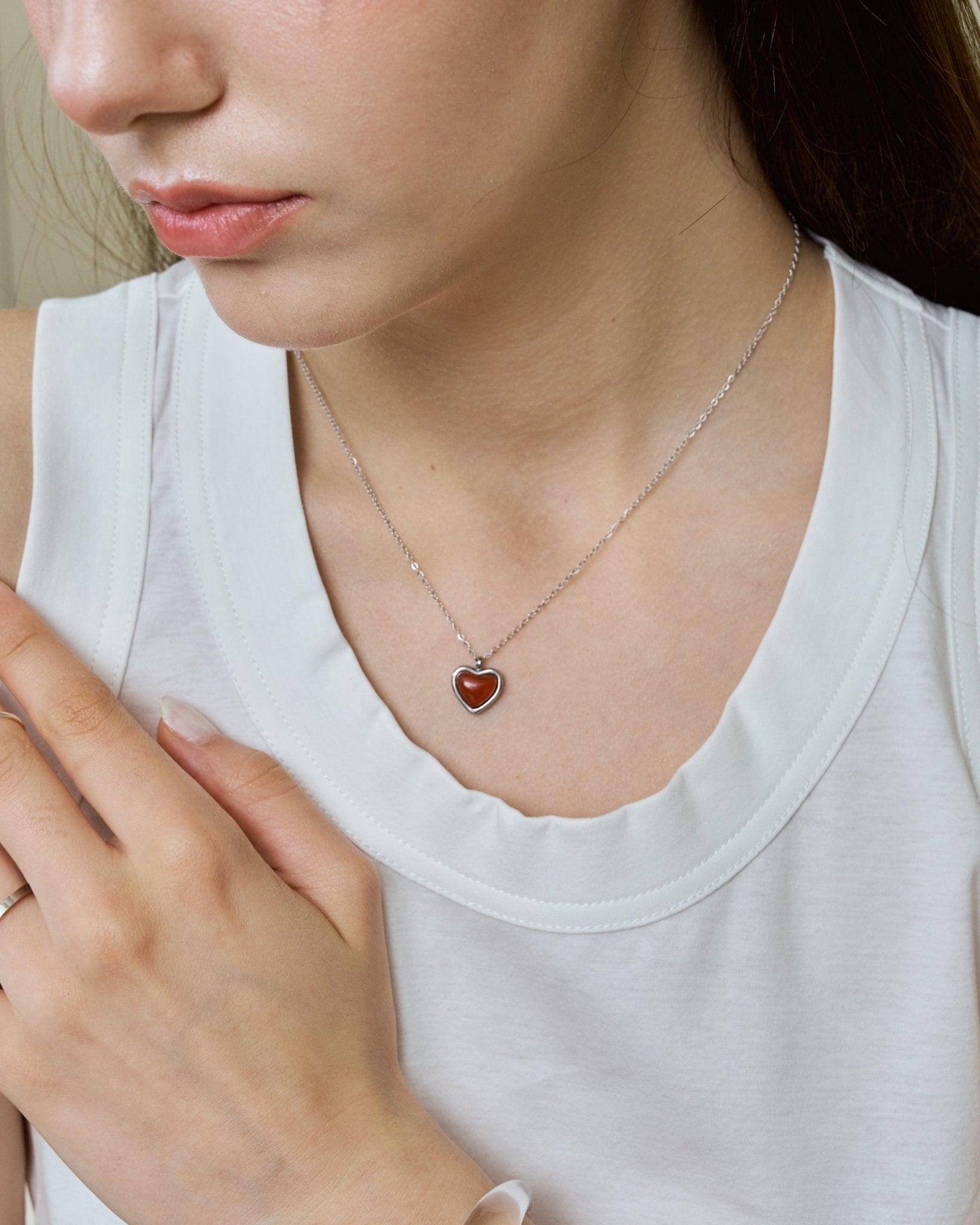 Carnelian Stone Heart Necklace in Silver - En Route Jewelry