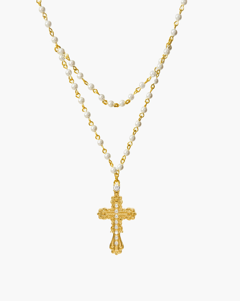 Gold Everette Cross Necklace | Cross with Shell Pearl Droplet | en