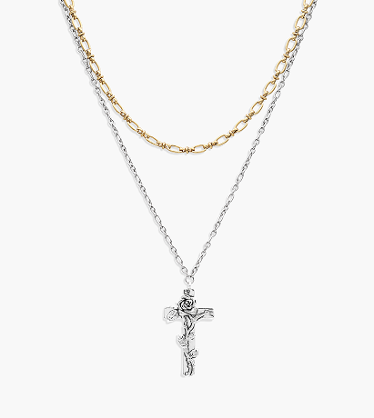 Wild Rose Layered Cross Necklace in Two-Tone