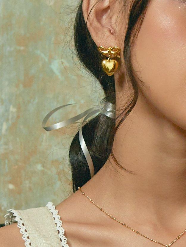 Gold Ribbon Heart Earrings - En Route Jewelry