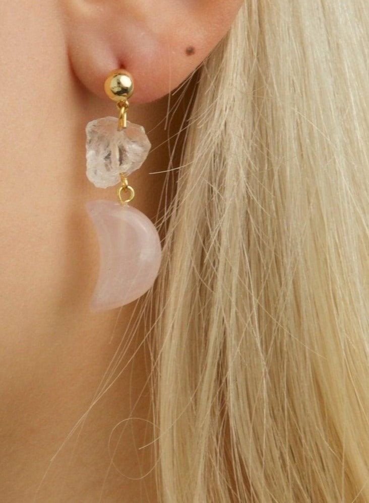 Rose Quartz Crystal Moon Earrings - En Route Jewelry