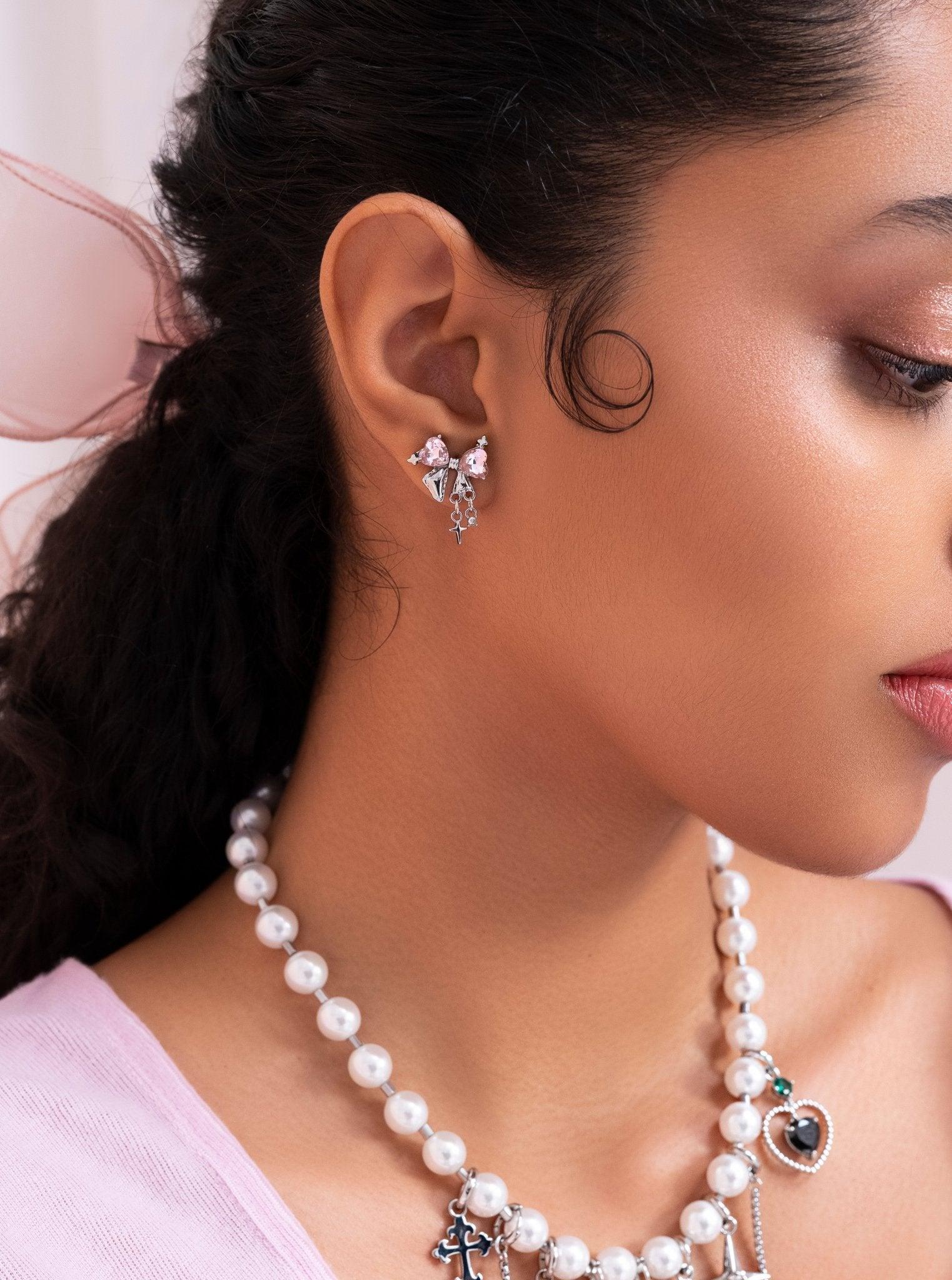 Sparkle Bow Earrings in Pink Silver - En Route Jewelry