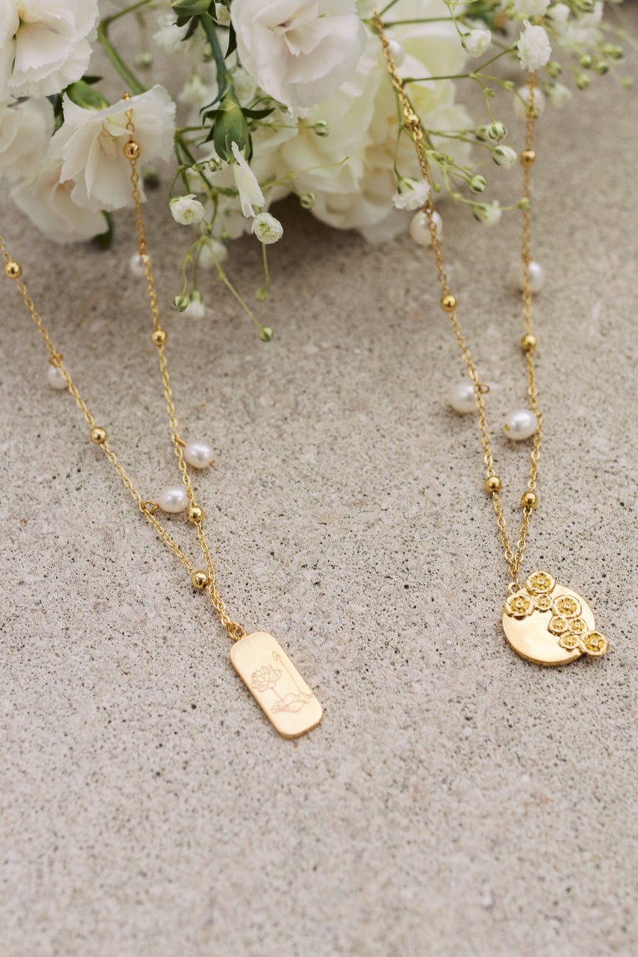 Birth Flower Engraved Pearl Necklace
