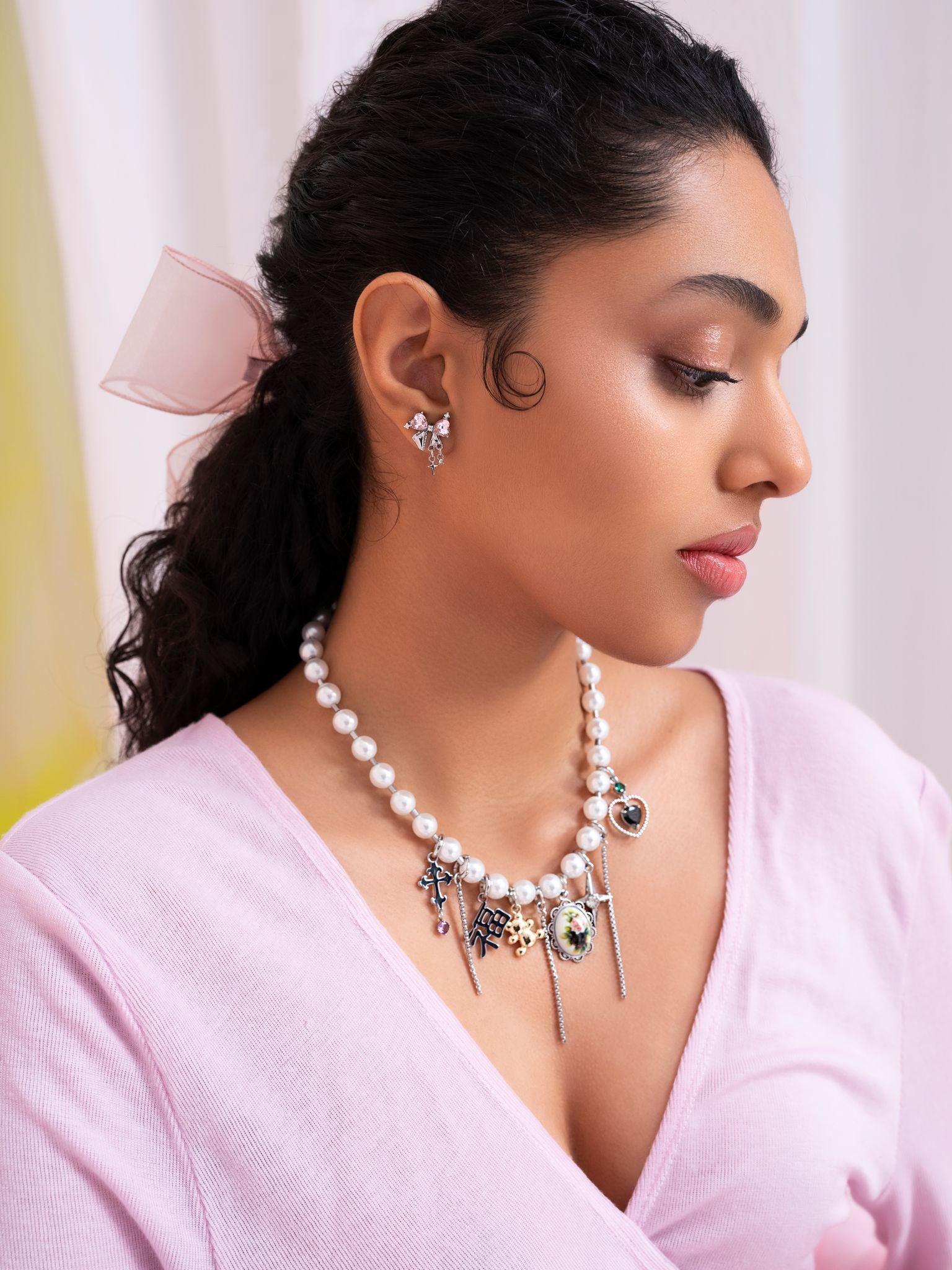 Sparkle Bow Earrings in Pink Silver - En Route Jewelry